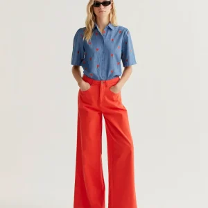 Compañía Blue Denim Cotton Shirt with Embroidered Hearts